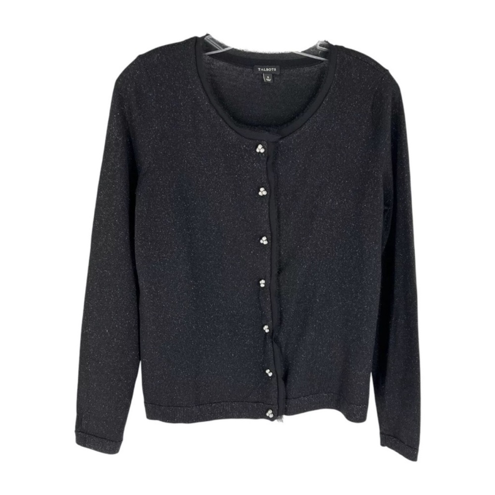 Talbots Merino Wool Cardigan Womens Size Small Black Metallic Pearl Button
